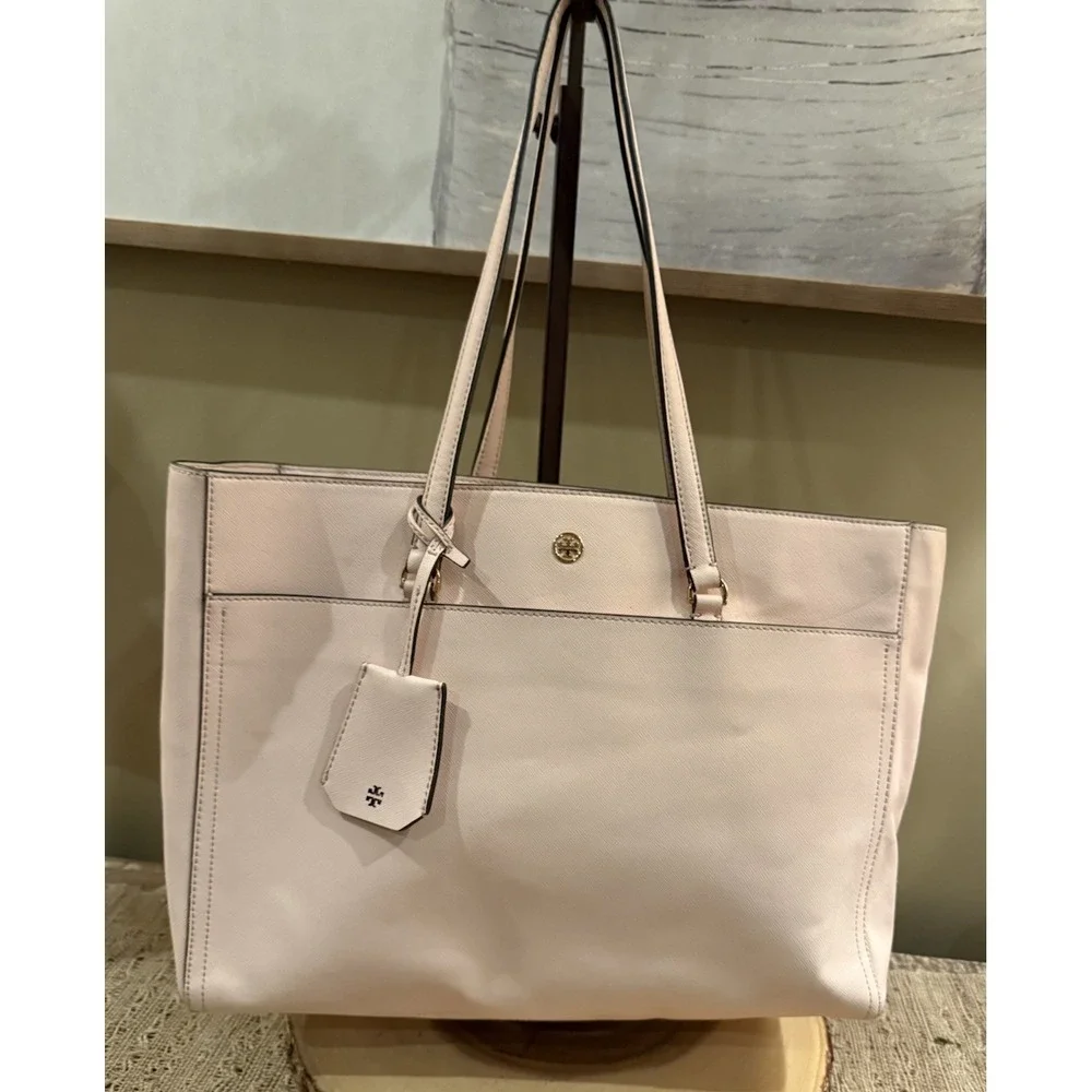 Tory Burch Robinson Double Zip Tote Bag Pale Apricot Pink Style New With Defects